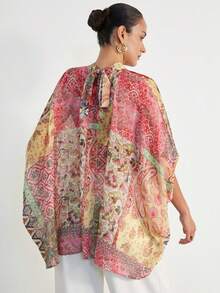 Aveloria Modichic Loose Fit Batwing Sleeve Tie Front Light Pink Blouse Plus Size Brunch Vacation Summer Boho Elegant - Multicolor - View 2