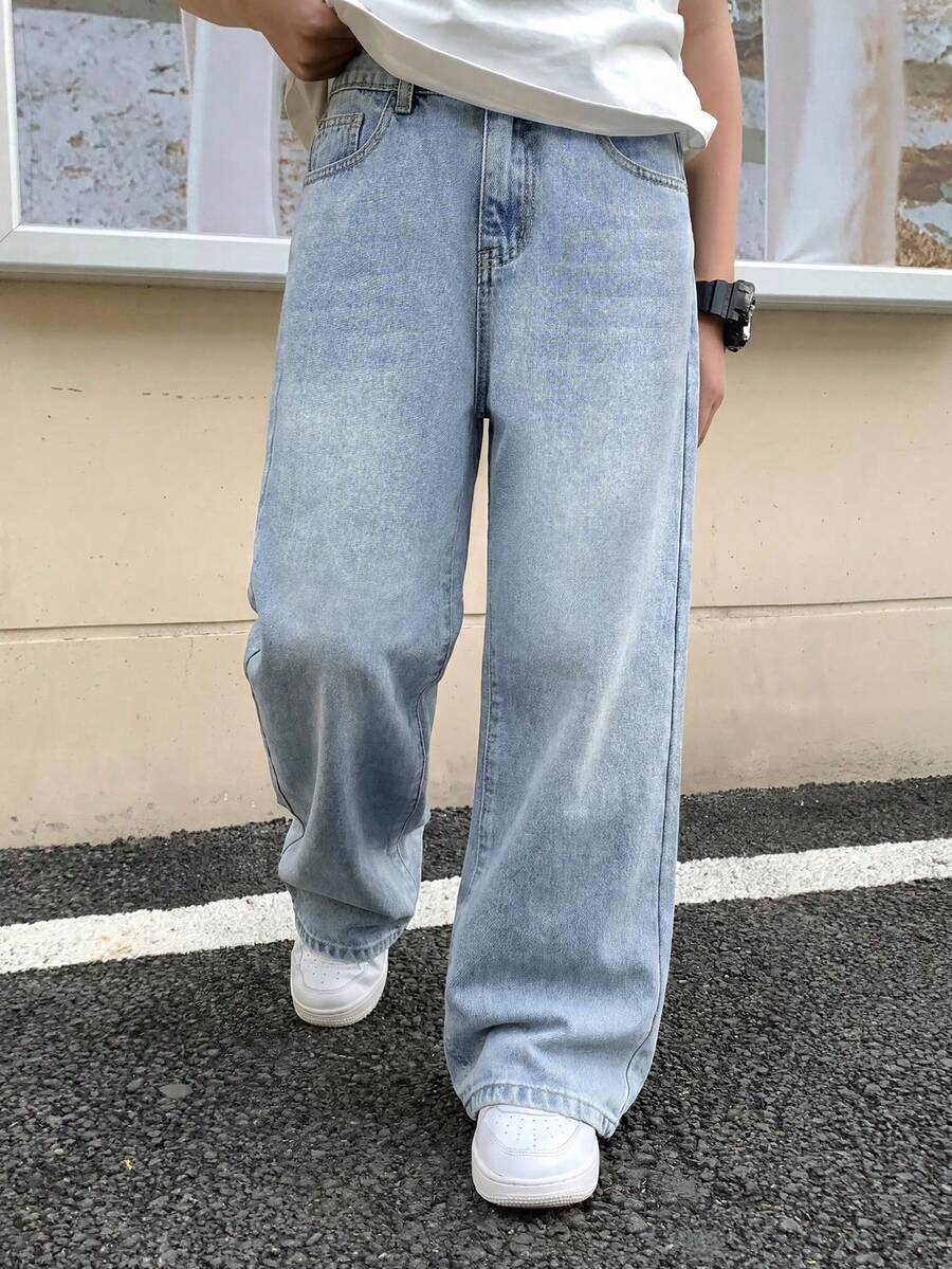 SHEIN Thời trang nam tuổi teen phong cách thường ngày Y2K cổ điển, cá tính, đường phố, trở lại trường học, đại học, quần jeans đen rộng rãi, thoải mái và đơn giản, chất liệu mềm mại, thích hợp mặc hàng ngày vào mùa thu đông, đi học, dự tiệc, lễ hội, đi biển, phong cách đường phố. - Rửa nhẹ - Xem 1