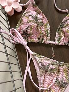 Swim Vcay Spring/Summer Coconut Tree Hollow-Out Special Fabric Tie-Up Halter Backless Bikini Set With Side Tie Strings, Casual Vacation Style For Women - Multicolor - View 7