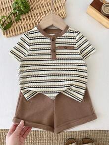 LMoss Kids 2 pièces Ensemble t-shirt casual et short en tricot bicolore pour bébé garçon - Multicolore - Voir 5