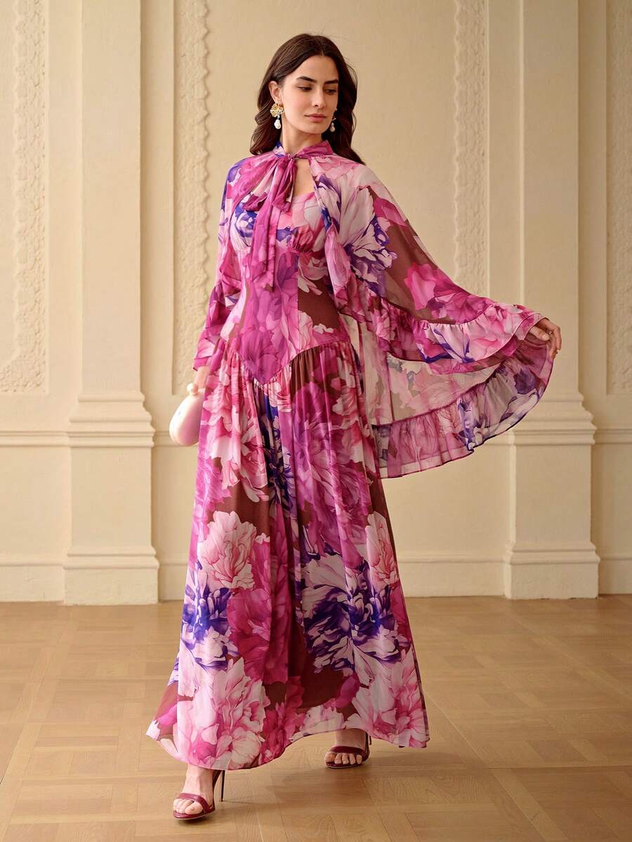 ZEYLAH 2件套花卉印花浪漫荷叶边吊带长裙,春夏款 - 紫色 - 查看 1
