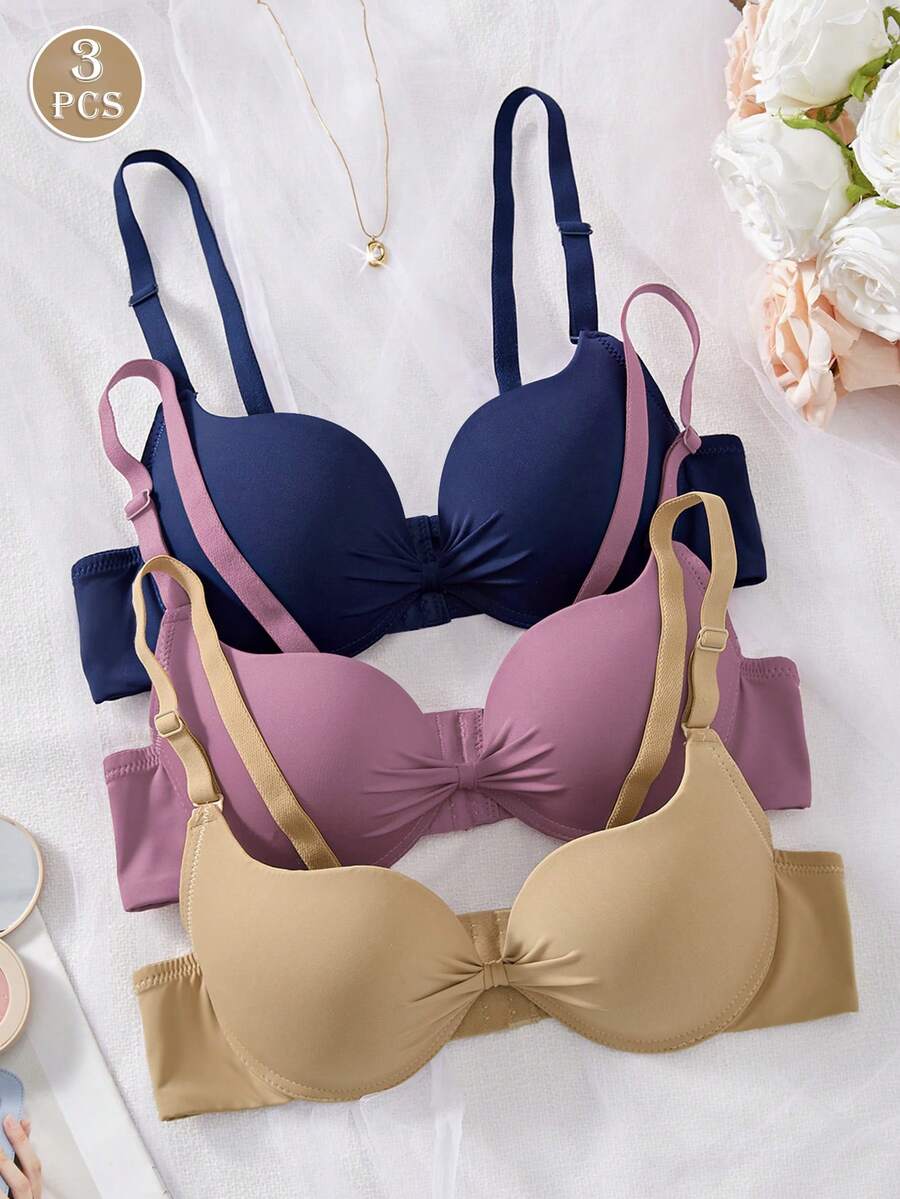 DesireSculpt 3pcs Black & White Solid Color Underwire Padded Full Coverage Bras - Multicolor - View 1