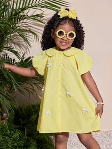Young Girl's Cute Yellow Peter Pan Collar Bow Tie Short Sleeve Dress, Summer - Yellow - View 7