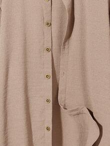 SHEIN 青少年男童纯色单排扣短袖纹理休闲衬衫，舒适时尚，适合夏季穿着，可用于休闲、上学、旅行和海滩度假等场合。 - 杏色 - 查看 5