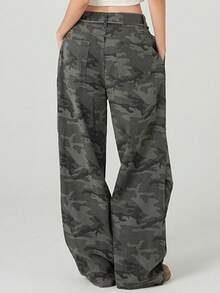 DAZY 女士抽绳腰带口袋迷彩休闲百搭阔腿裤 - 軍綠色 - 查看 5