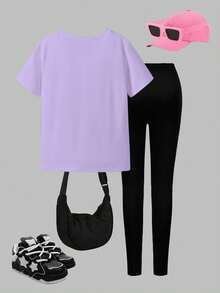 2件套KPOP印花上衣，少女圆领卫衣和打底裤套装，时尚休闲，适合秋冬季节 - 彩色 - 查看 2