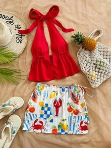 Soleia Bộ trang phục thời trang dự tiệc hẹn hò dành cho nữ, gồm áo cổ chữ V sâu, buộc dây cổ và chân váy ngắn. - Nhiều màu - Xem 1