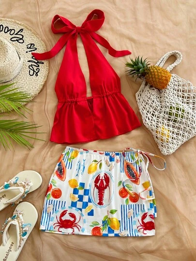 Soleia Dam enfärgad djup V-ringad halterneck topp och minikjol moderiktig dejtfestoutfit