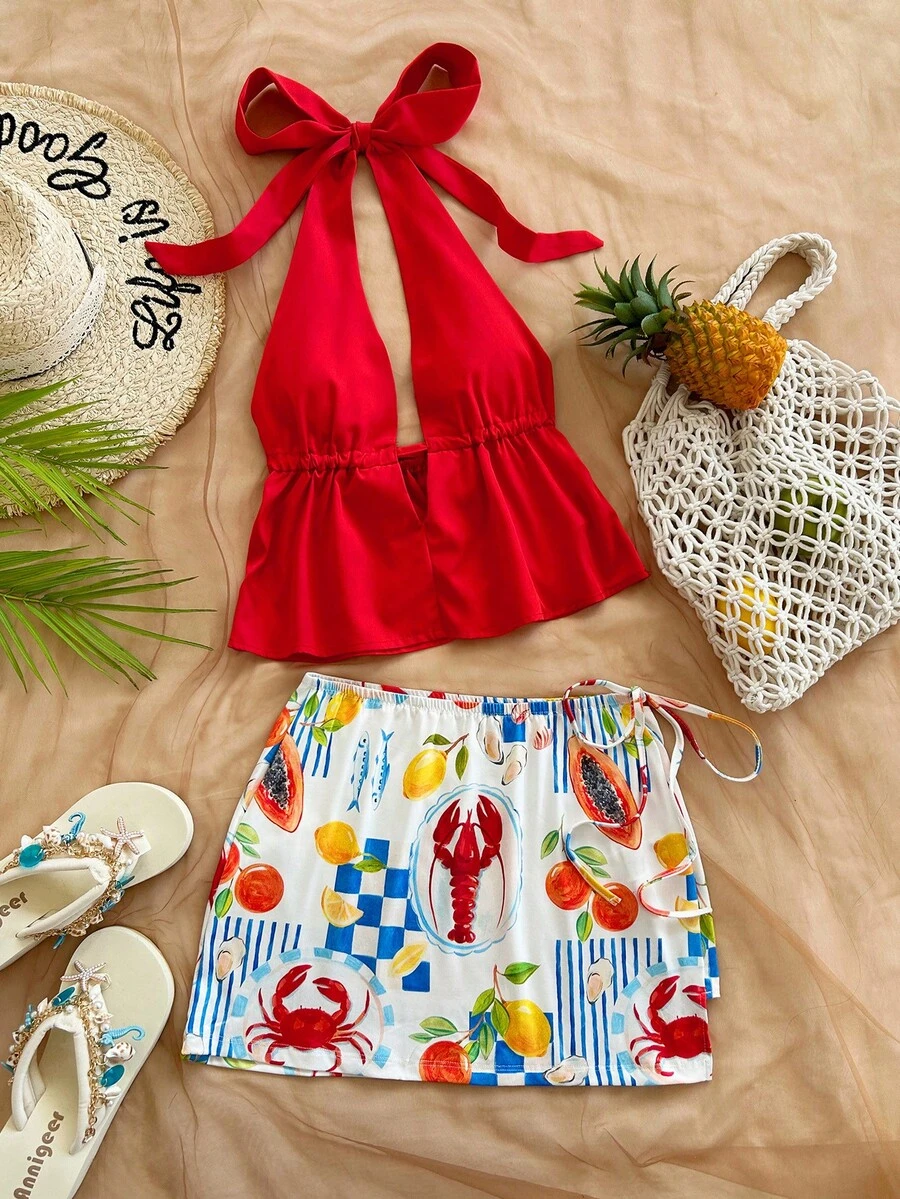 Soleia Bộ trang phục thời trang dự tiệc hẹn hò dành cho nữ, gồm áo cổ chữ V sâu, buộc dây cổ và chân váy ngắn. - Nhiều màu - Xem 1