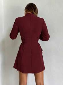 Aloruh Women's Autumn/Winter New Coffee Brown Cheongsam Collar Hollow Out Mini Dress With Side Waist Criss-Cross Tie A-Line - Burgundy - View 2