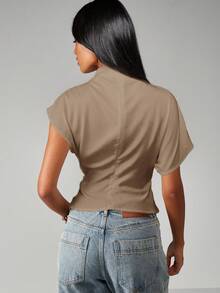 MISSGUIDED Áo kiểu cổ cao tay ngắn ôm sát, có đai lưng, thích hợp mặc hàng ngày. - Màu Khaki - Xem 2