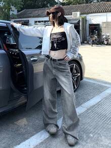 DAZY 女士口袋纽扣休闲百搭通勤宽松牛仔阔腿裤 - 藍色 - 查看 5