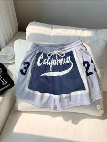 Comfortcana Quần short mùa hè cỡ lớn, kiểu dáng thường ngày, phối màu, in chữ. - Màu xanh lam - Xem 10