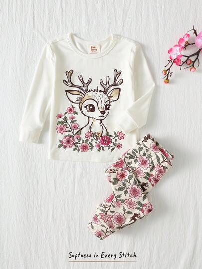 Cozy Pixies 女婴卡通动物花卉小鹿印花柔软针织圆领长袖上衣和松紧腰长裤两件套睡衣，适合春、夏、秋、冬四季穿着，休闲、室内、室外、返校、日常、运动、玩耍、派对等场合。