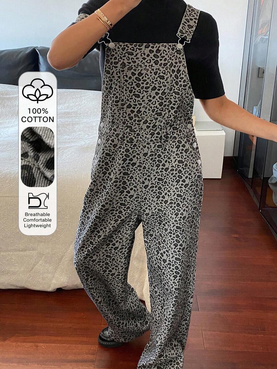 Livesso Women's Leopard Print Pocketed Casual Wide Leg Denim Jumpsuit, Autumn/Winter Spring - Coffee Brown - View 1