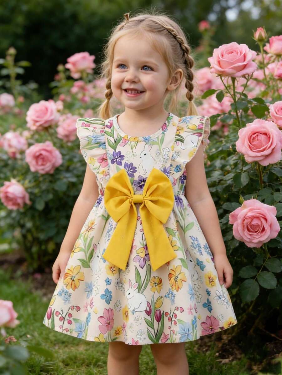Souflis Souflis 1pc Baby Girls' Summer New Round Neck Dress, Cute Rabbit & Floral Print, Ruffle Trim, Elastic Waist, Big Bow Decor, Simple & Versatile Holiday Dress - Yellow - View 1
