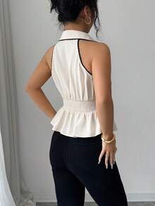 Elenzga Women's Casual Elegant Sleeveless Blouse With Contrast Ruffle Trim, Suitable For Spring/Summer, Commute, Vacation, Afternoon Tea, Valentine's Day Party - Apricot - View 2