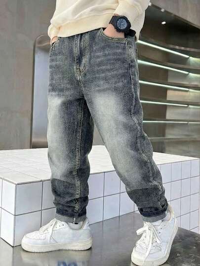 Jeans ajustados de mezclilla con lavado degradado vintage desgastado para adolescentes varones, estilo casual recomendado para la calle