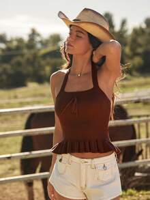 WESTFADE Tie Front Halter Neck Ruffle Peplum Rib Knit Top - Coffee Brown - View 5