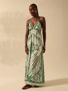 CAJUNI 女士度假热带波西米亚印花吊带系带休闲沙滩夏季长裙 - 綠色 - 查看 4