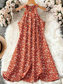 Breezaya Women Summer White Floral Halter Neck A-Line Dress,French Chic Vintage Ditsy Floral Pleated Sundress,Boho Holiday Island Resort Vacation Picnic Wear - Multicolor - View 4