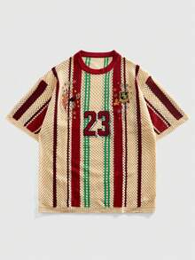 ROMWE MEN 男士V领刺绣运动针织上衣，复古街头风 - 彩色 - 查看 1