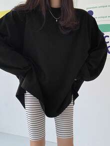 DAZY Women's Solid Color Oversized Long Sleeve T-Shirt, Suitable For Spring, Summer, Autumn - Black - View 7