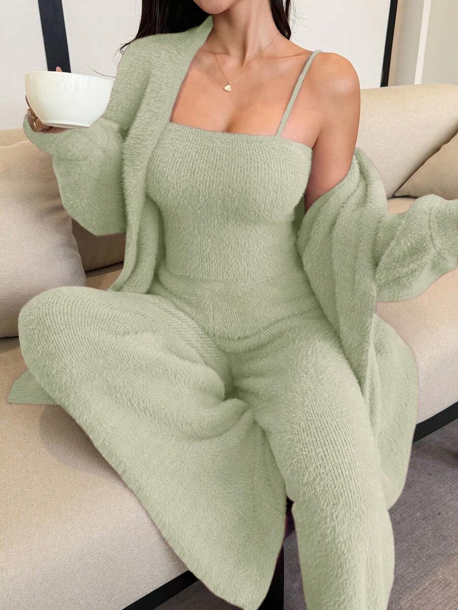 DAZY 3pcs/Set Faux Fur Robe, Camisole & Pants Women Pajama Set, Winter - Mint Green - View 1