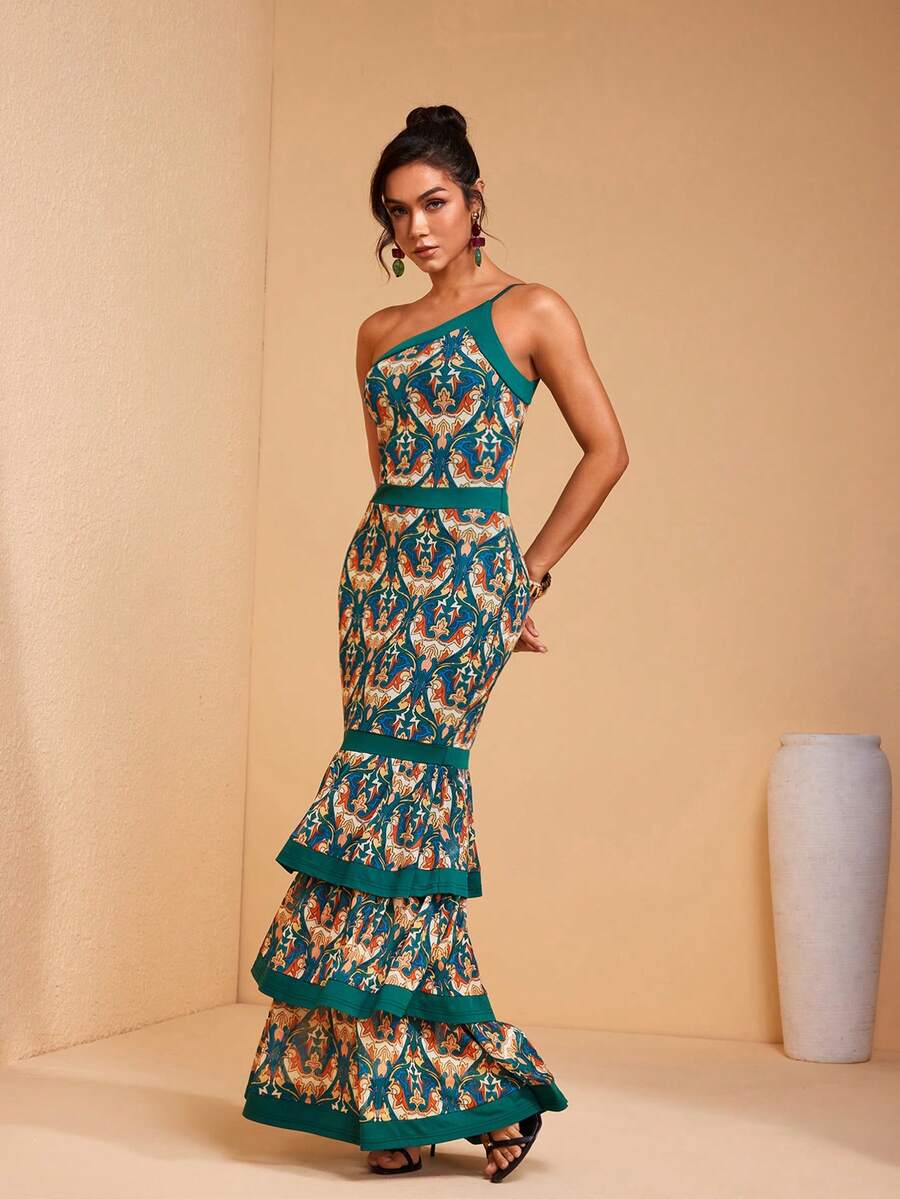 JIAN LASALA Contrast Blocked Print Mesh Asymmetric One-Shoulder Layered Ruffled Sleeveless Women Long Dress - Green - View 1