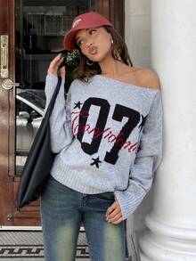 MainGRL Women's Casual Fashion Street Numeric, Letter & Star Pattern Asymmetrical Neck Loose Knit Sweater, Autumn/Winter,Sweaters For Women - Light Grey - View 5