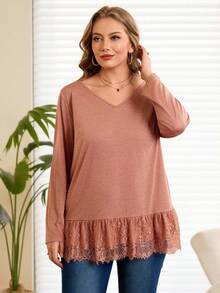 Rosumi 大码优雅通勤纯色蕾丝拼接T恤，蕾丝边饰上衣，波西米亚风上衣，大码情人节春假夏季假期嘉年华婚礼及活动优雅度假春夏棕色长袖上衣 - 珊瑚橙 - 查看 7