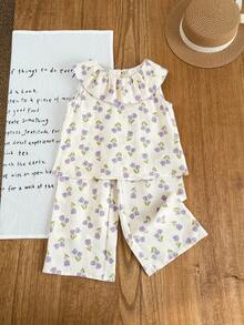 两件套少女编织荷叶边休闲吊带背心和长裤套装 - 杏色 - 查看 6