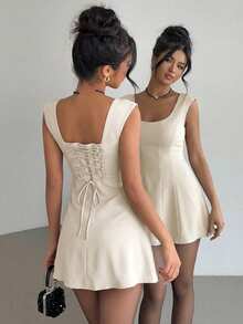 Aloruh 优雅性感露背A字迷你连衣裙，短袖设计，深V领，露背系带，女士夏季服装，夏季沙滩装，女士沙滩度假装，波西米亚热带度假装，婚礼宾客礼服，新娘送礼会礼服，白色优雅别致早午餐连衣裙，女士度假装，女士沙滩裙，女士夏季连衣裙 - 杏色 - 查看 8