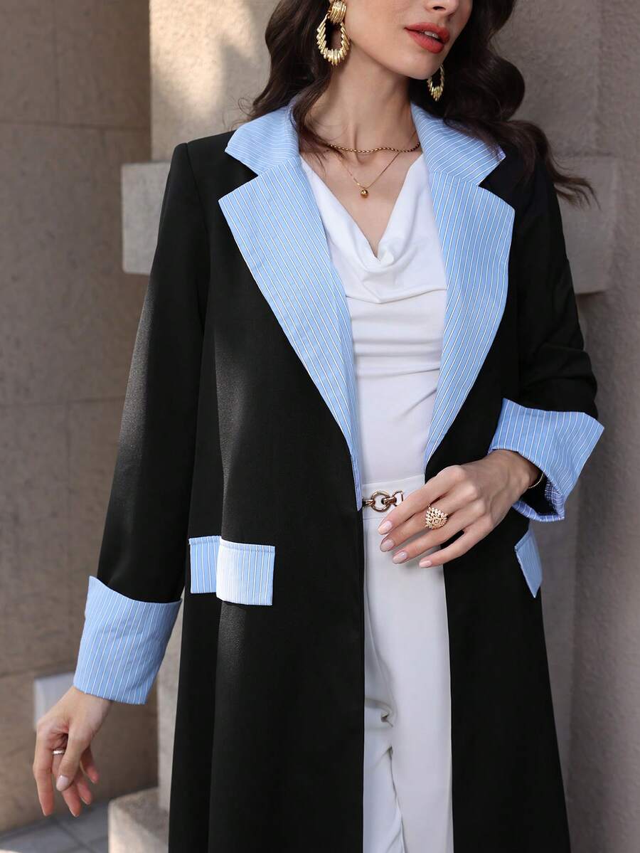 Yasmyna 女士春夏黑色斜纹蓝条纹仿口袋优雅阿拉伯长袍 - 黑色 - 查看 1