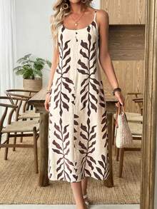 Selamara 女士度假植物印花口袋休闲无袖中长连衣裙 - 米色 - 查看 3