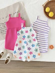 SHEIN 3件套女婴夏季休闲纯色罗纹连体衣，蝴蝶印花，3D蝴蝶结装饰，无袖 - 彩色 - 查看 2