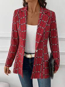 SHEIN Clasi Women's Elegant Plaid Blazer Jacket, Versatile Daily Wear Long Sleeve Blazer, Classic Checkered Jacket For Commuting, Autumn - Red - View 5
