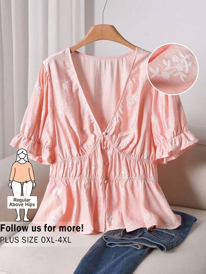 CosyJoli Plus Size Women Floral Embroidery Button Design Ruffle Blouse Valentine's Day