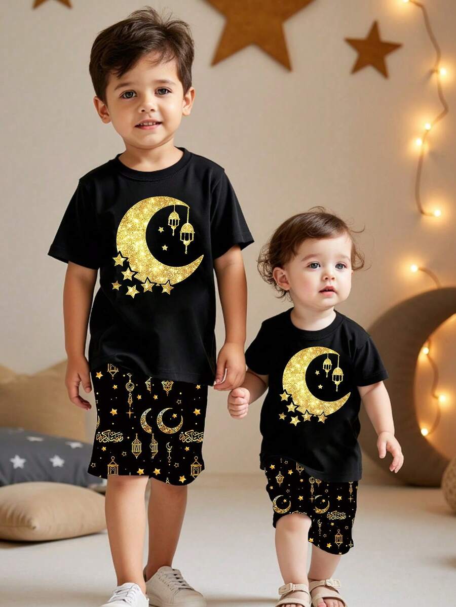 春夏男婴休闲时尚创意个性化清新简约可爱发光灯笼、月亮、星星图案印花短袖T恤和短裤套装，舒适温暖的夏季款式，适合春夏及节日场合。 - 彩色 - 查看 1