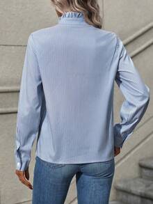SHEIN LUNE 女士荷叶边条纹长袖单排扣休闲衬衫 - 淺藍色 - 查看 2