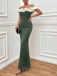 EURMUSE Two Tones Off Shoulder Ruffle Trim Bodycon Dress, Elegant Dress - Army Green - View 3