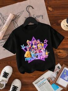 年轻女孩休闲时尚创意个性化酷炫K-POP女孩图案闪光五角星NOVA BEAT字母印花休闲基础款短袖圆领T恤，适合夏季和所有季节 - 黑色 - 查看 3