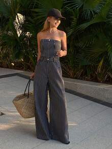 DAZY Striped Waist Bandeau Women's Denim Jumpsuit - Black and White - View 1