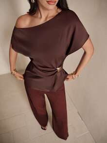 Modelyn Women's Elegant Asymmetric Collar Cinched Waist T-Shirt, Suitable For Commuting In Summer - Brown - View 5
