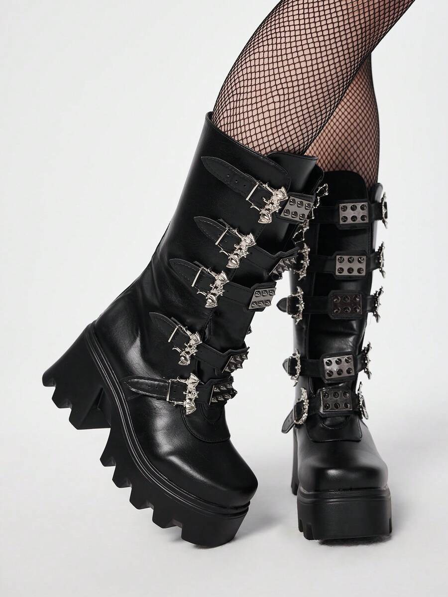 ROMWE Grunge Punk 女士靴子 - 2025 新款，英伦风深色 PU 铆钉搭扣方头厚底中筒摩托车靴，冬季骑行靴 - 黑色 - 查看 1