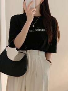 DAZY 女士宽松常规字母印花 T 恤夏季 - 黑色 - 查看 8