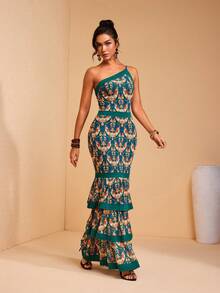 JIAN LASALA Contrast Blocked Print Mesh Asymmetric One-Shoulder Layered Ruffled Sleeveless Women Long Dress - Green - View 5