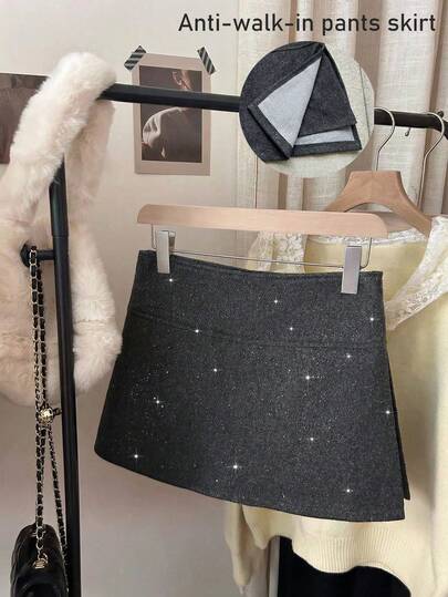 Franclia 复古风羊毛亮片开衩紧身短裙，秋冬春夏皆宜，百搭显瘦，女士开衩裙，女士闪亮裙，女士迷你裙，防走光裙。