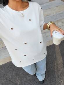 Muchica 女士夏季新款白色镂空设计宽松圆领短袖T恤 - 白色 - 查看 4