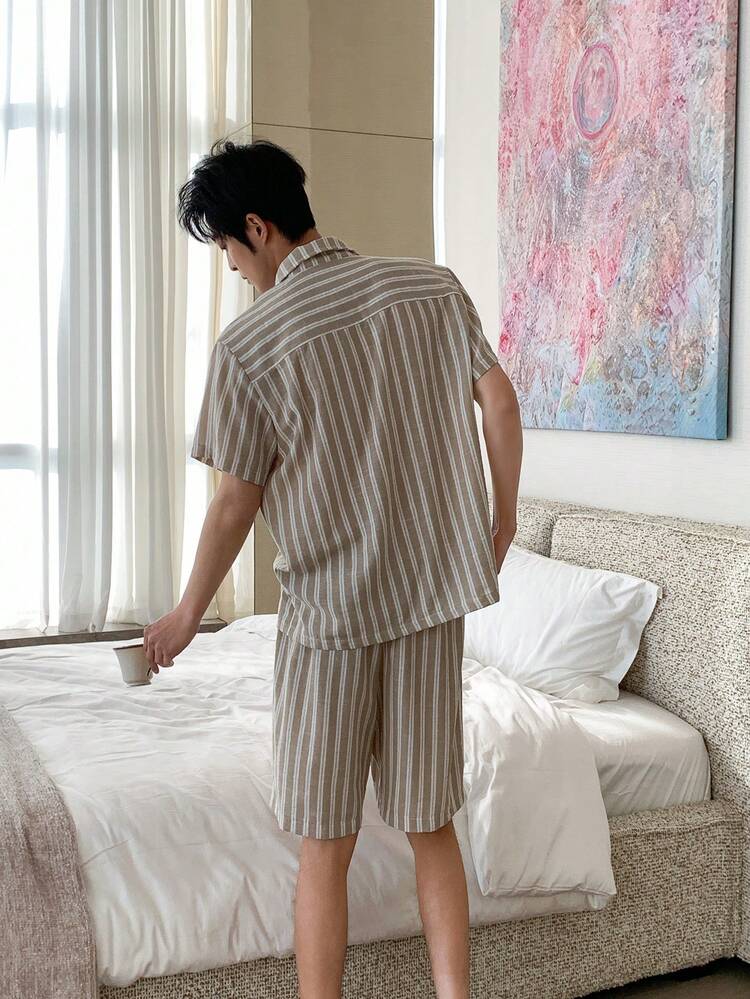 Men's Striped Short Sleeve Shirt And Shorts Pajama Set, Summer